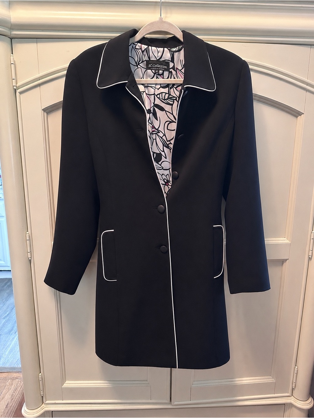 SC Collection Black Dress Coat with White Piping. Perfect for spring/summer.